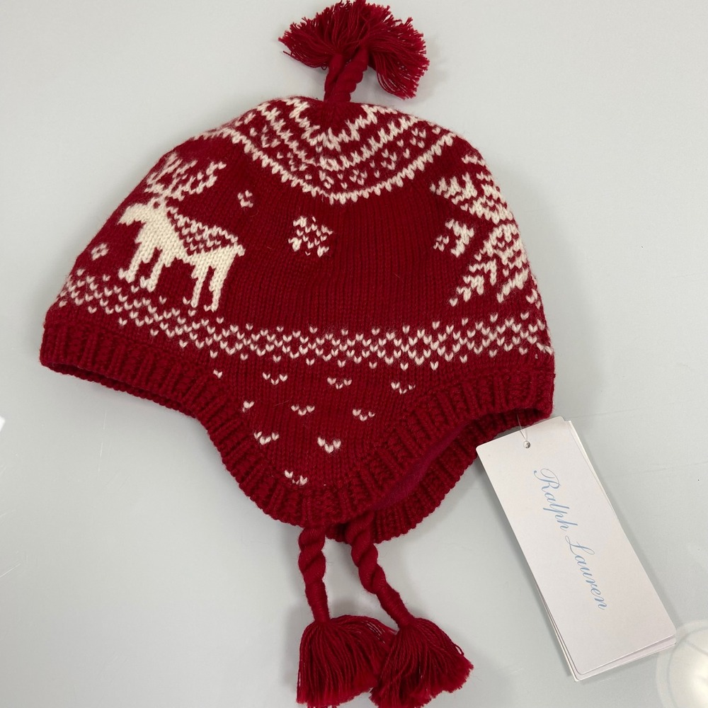 Polo Ralph Lauren Baby‎ 9M-24M Red Fair Isle Reindeer Earflap Hat NEW Fleece